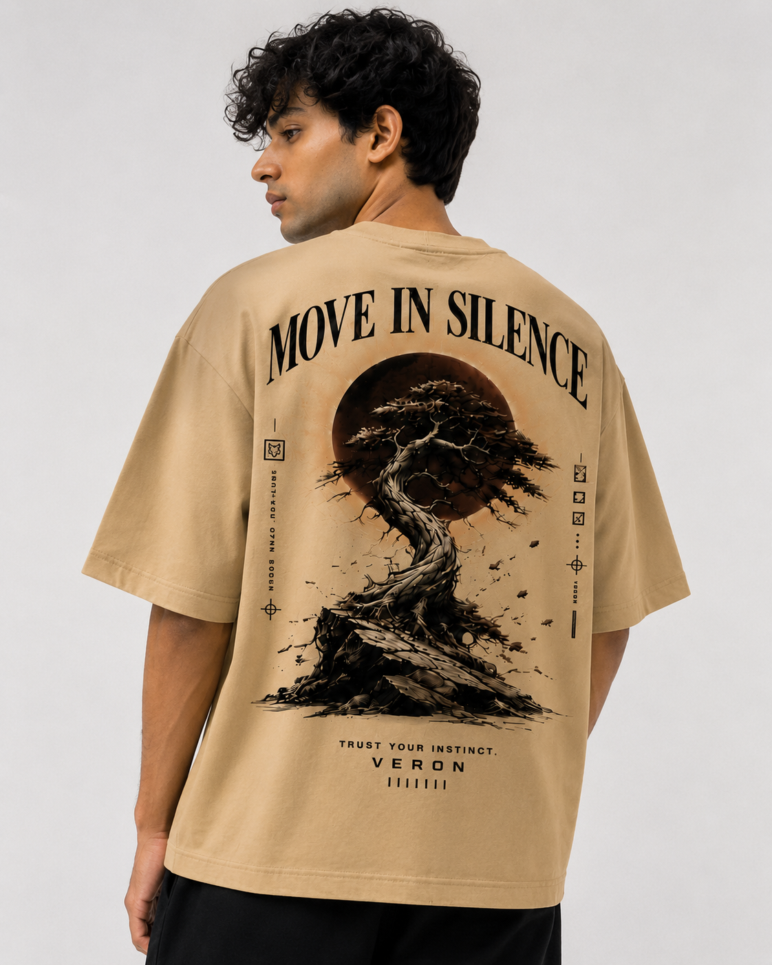 Vexron Move In Silence Bonsai Graphic Back Print Oversized T-Shirt for Men & Women | 100% Cotton | 220 GSM