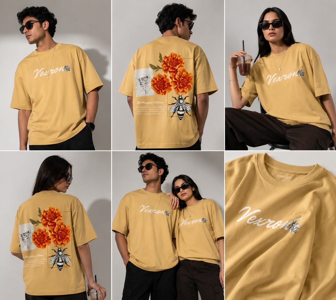 Vexron Vintage Floral Bee Graphic Oversized T-Shirt for Men & Women | 100% Cotton | 220 GSM