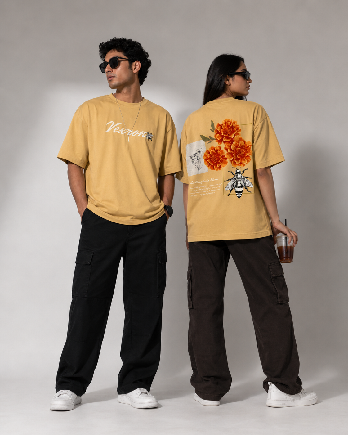 Vexron Vintage Floral Bee Graphic Oversized T-Shirt for Men & Women | 100% Cotton | 220 GSM