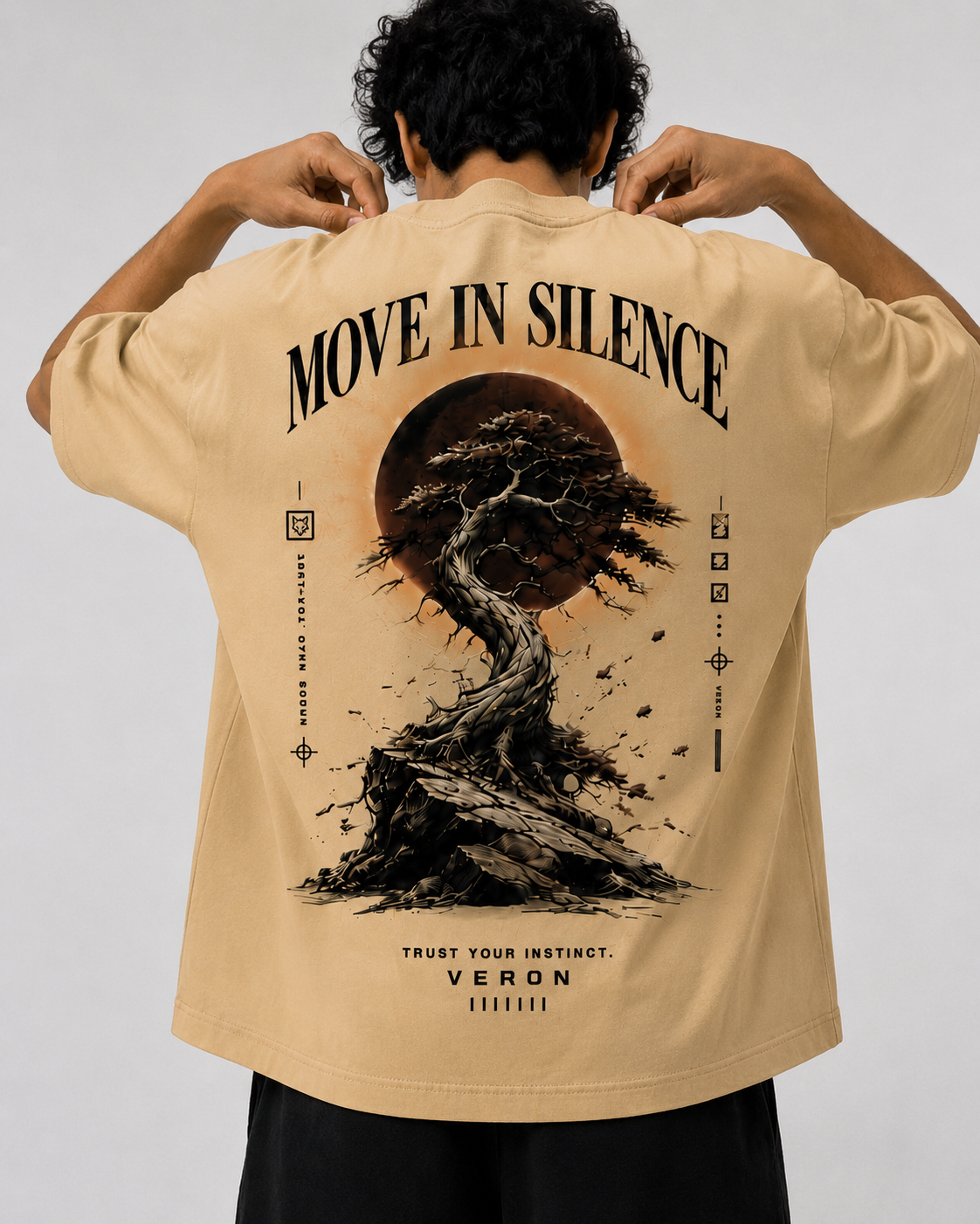 Vexron Move In Silence Bonsai Graphic Back Print Oversized T-Shirt for Men & Women | 100% Cotton | 220 GSM