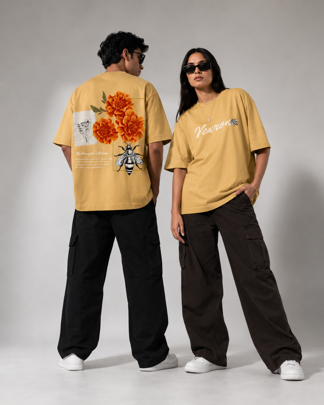 Vexron Vintage Floral Bee Graphic Oversized T-Shirt for Men & Women | 100% Cotton | 220 GSM