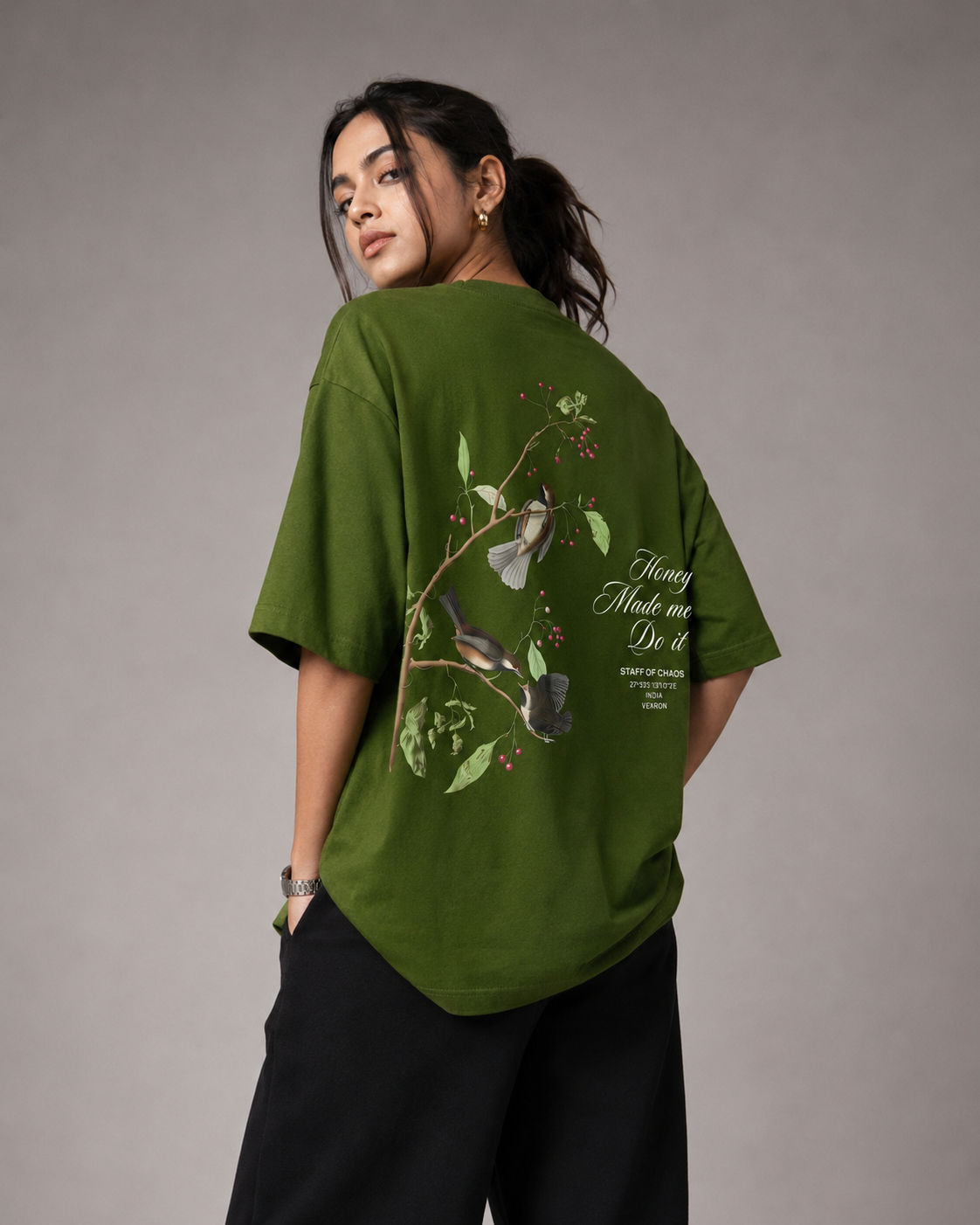 Vexron Nature-Inspired Bird Graphic Oversized Back Print T-Shirt | Premium Cotton | 220 GSM