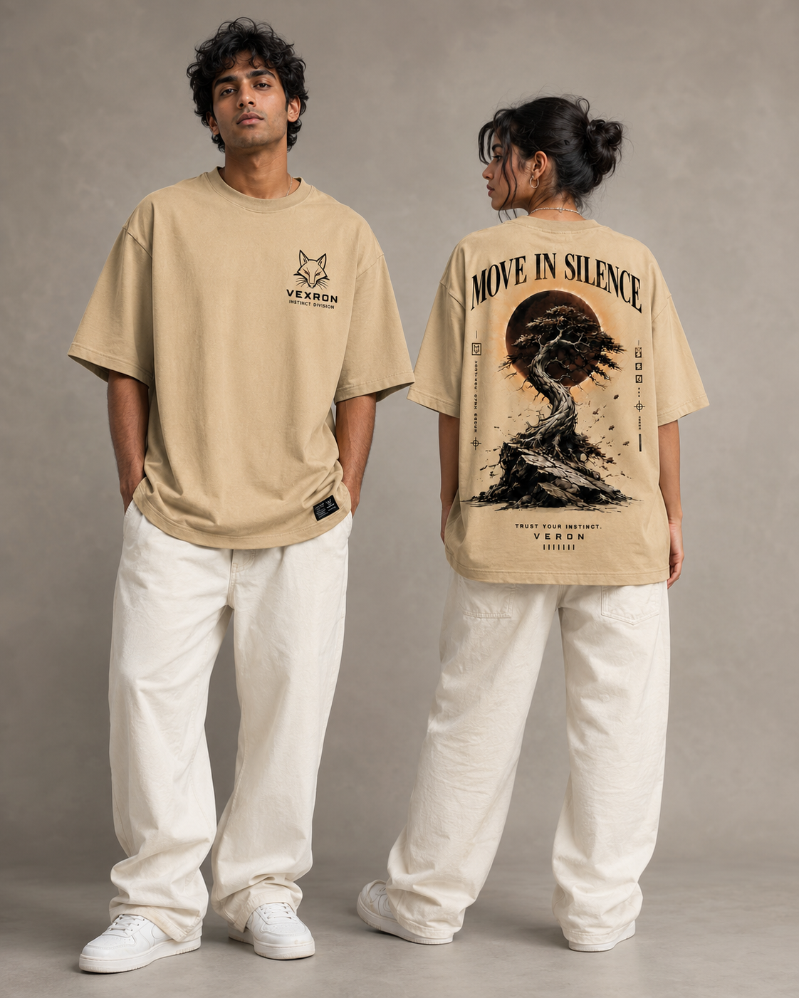 Vexron Move In Silence Bonsai Graphic Back Print Oversized T-Shirt for Men & Women | 100% Cotton | 220 GSM